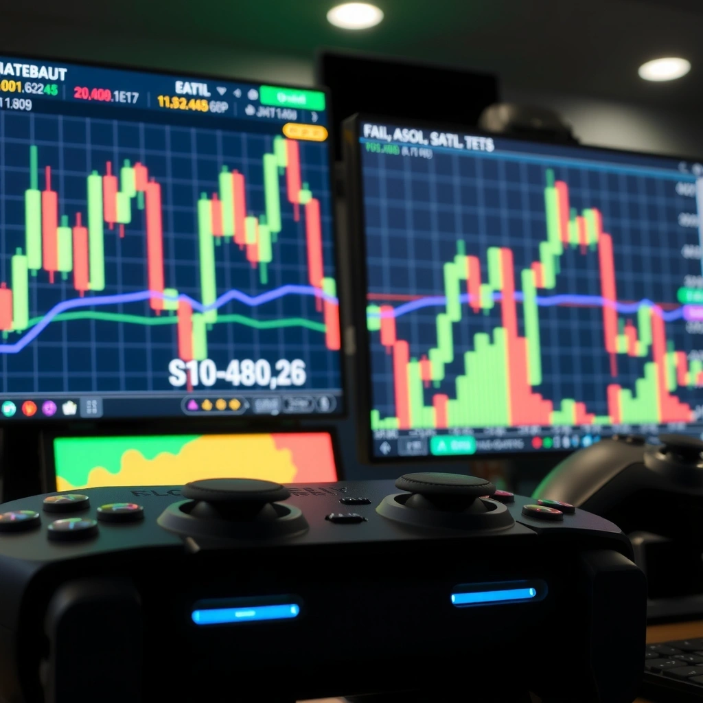Gráficos de trading estilizados mezclándose con elementos de videojuegos, visualización de datos financieros con estética gaming