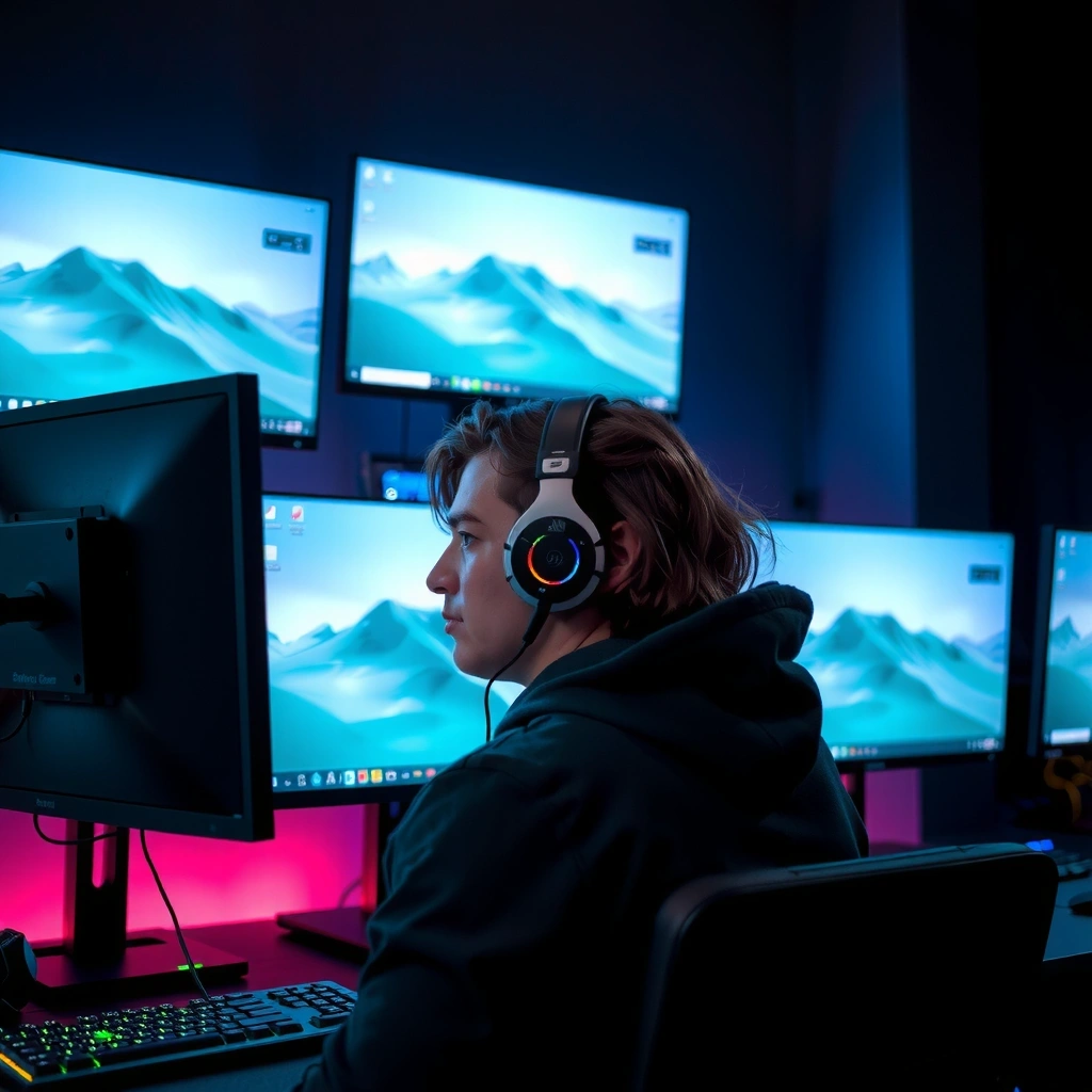 Gamer profesional usando interfaz premium