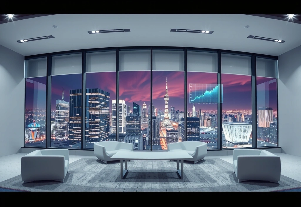 Oficina moderna de Mumotall con vistas panorámicas al espacio exterior